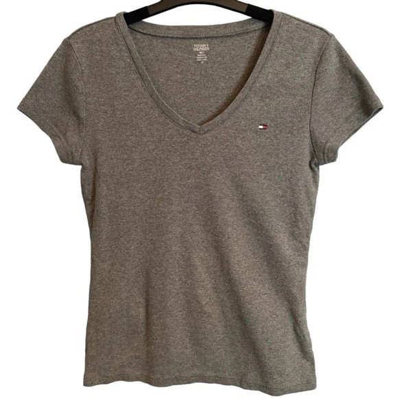 Tommy Hilfiger Women's Short Sleeve V-Neck T Shirt Size Medium Gray Preppy Y2K - Picture 1 of 10